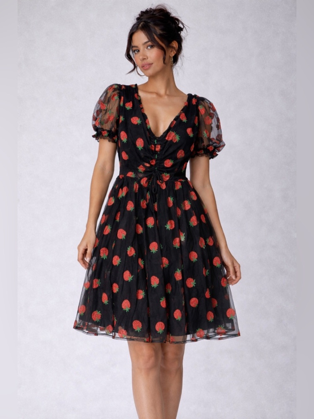 Smak Parlour XL Black Strawberry Print Mesh Puff Sleeve Knee Length Dress